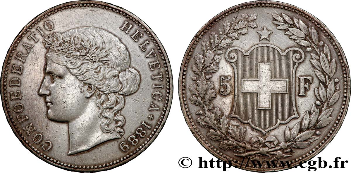 SUISSE 5 Francs Helvetia 1889 Berne TTB