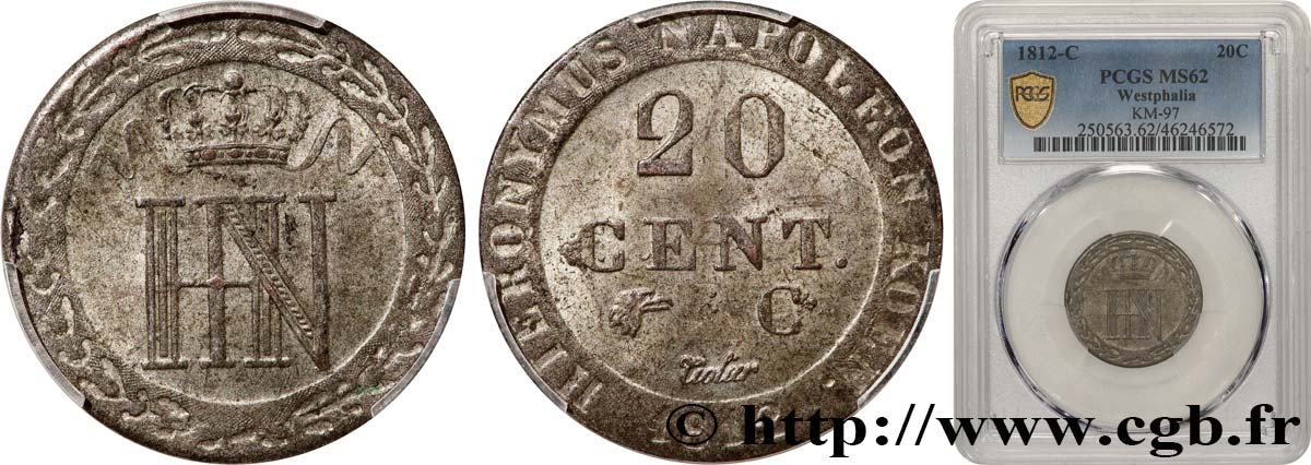 GERMANY - KINGDOM OF WESTPHALIA - JÉRÔME NAPOLÉON 20 Centimes 1812 Cassel SPL62 PCGS