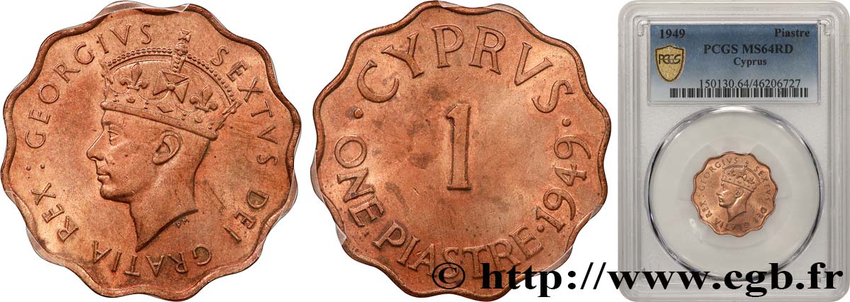 CYPRUS 1 Piastre Georges VI 1949  MS64 PCGS