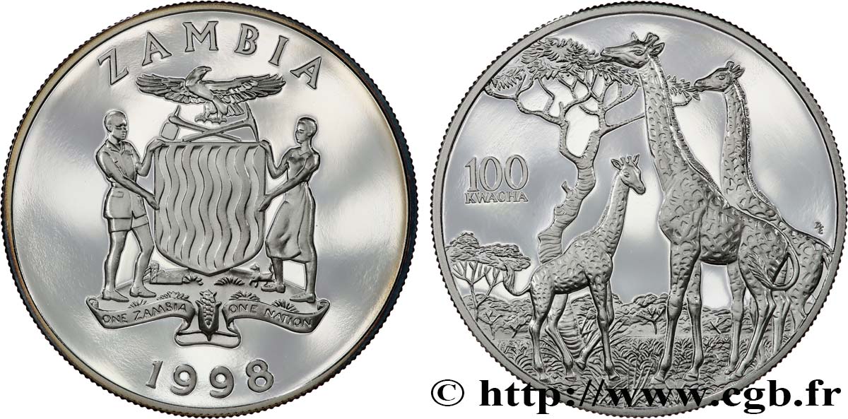 ZAMBIA 100 Kwacha Proof Girafes 1998  MS 