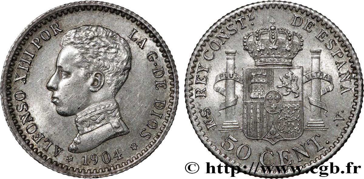SPAIN 50 Centimos Alphonse XIII S.M.-.V. 1904 Madrid AU/MS 