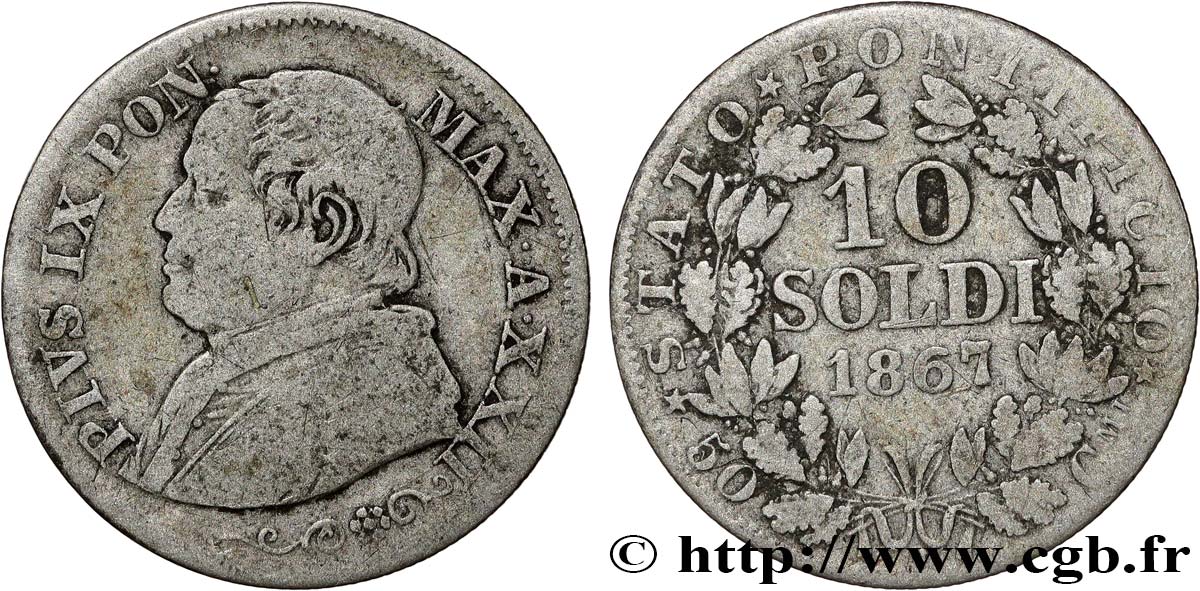 VATICANO E STATO PONTIFICIO 10 Soldi (50 Centesimi) Pie IX an XXII 1867 Rome MB