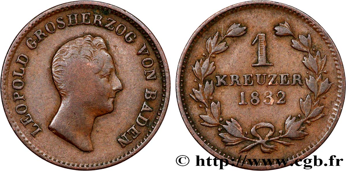 GERMANY - BADEN 1 Kreuzer Léopold Grand-Duc de Bade 1832 Karlsruhe VF