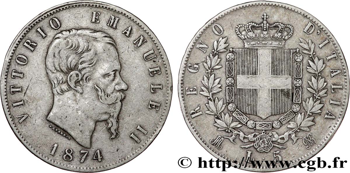 ITALIE 5 Lire Victor Emmanuel II 1874 Milan TB+