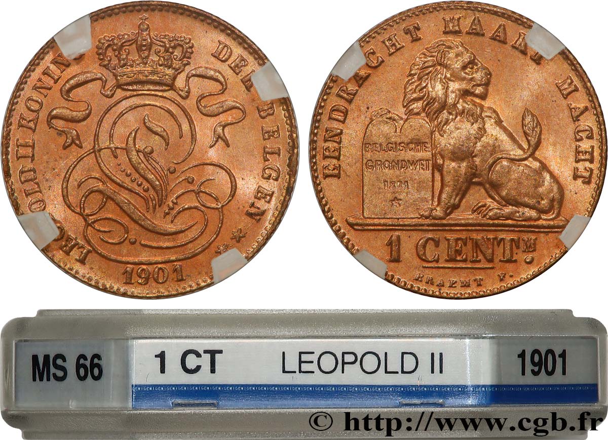 BELGIUM 1 Centime lion monogramme de Léopold II légende en français 1901  MS66 GENI