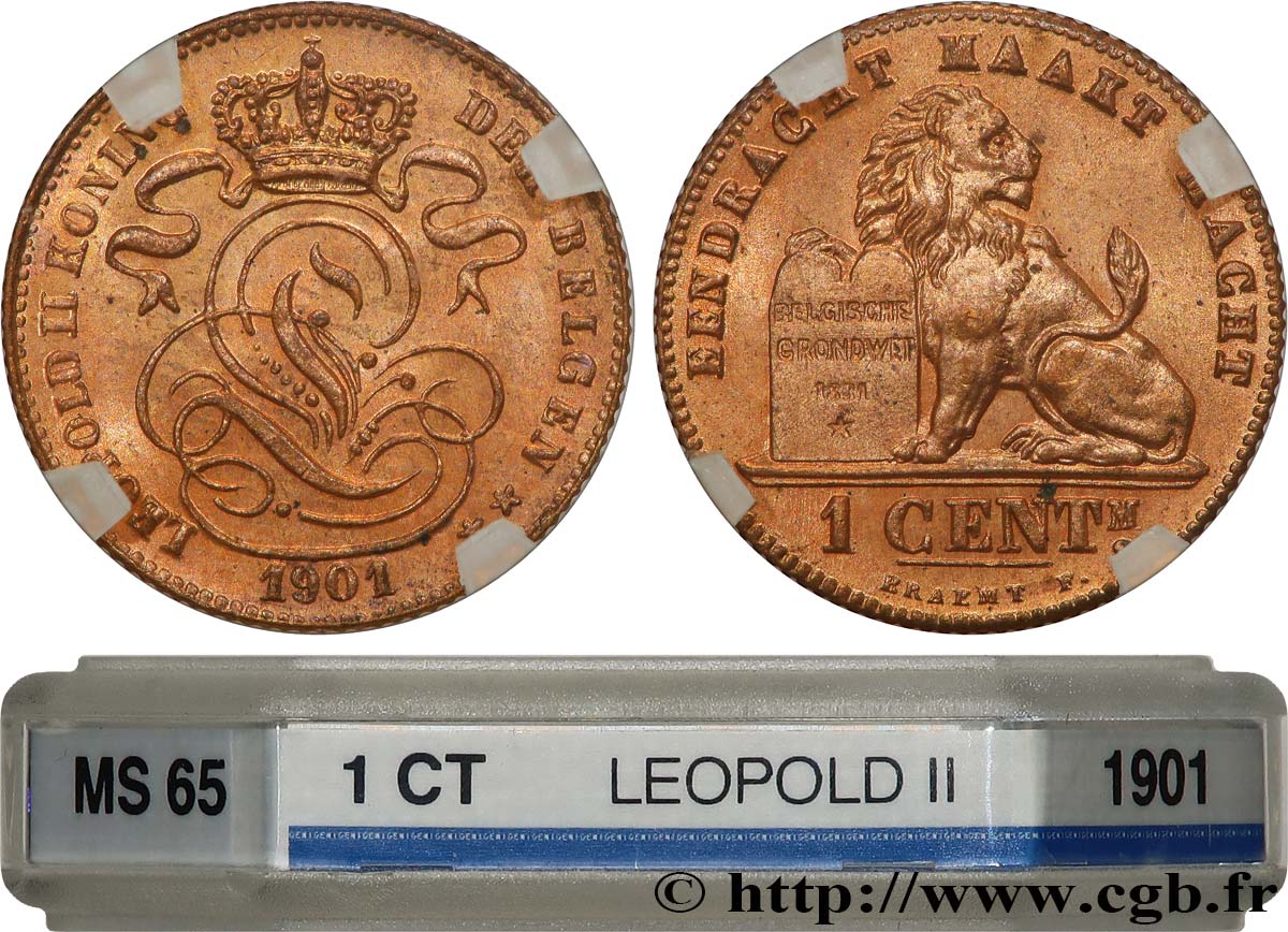 BELGIUM 1 Centime lion monogramme de Léopold II légende en français 1901  MS65 GENI