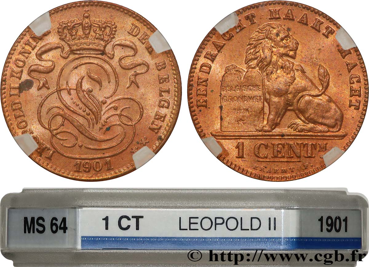 BELGIUM 1 Centime lion monogramme de Léopold II légende en français 1901  MS64 GENI