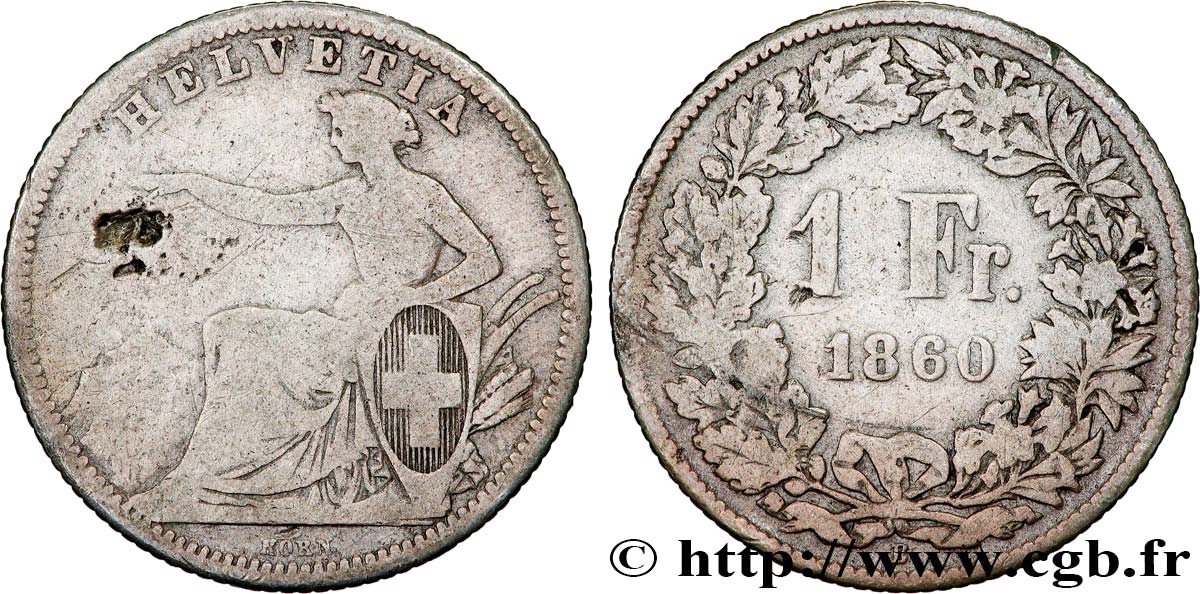 SWITZERLAND 1 Franc Helvetia 1860 Berne VF 