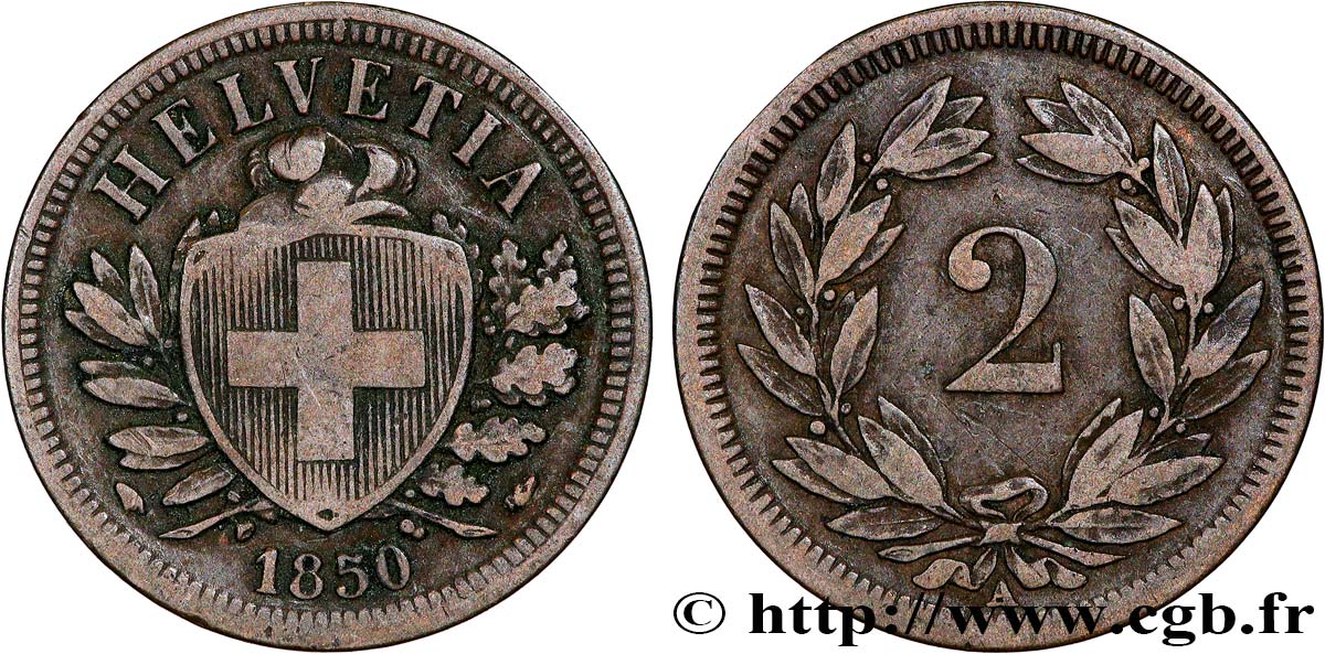 SWITZERLAND 2 Centimes (Rappen) croix suisse 1850 Paris XF 