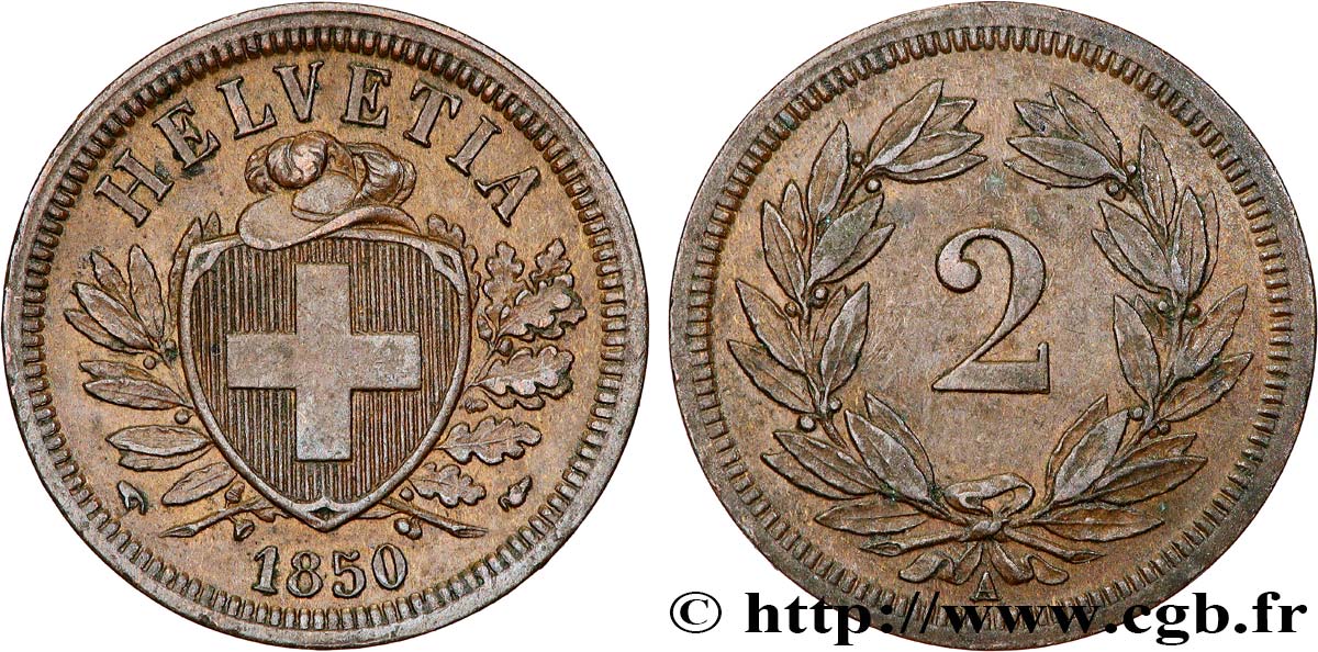 SUISSE 2 Centimes (Rappen) croix suisse 1850 Paris SUP 
