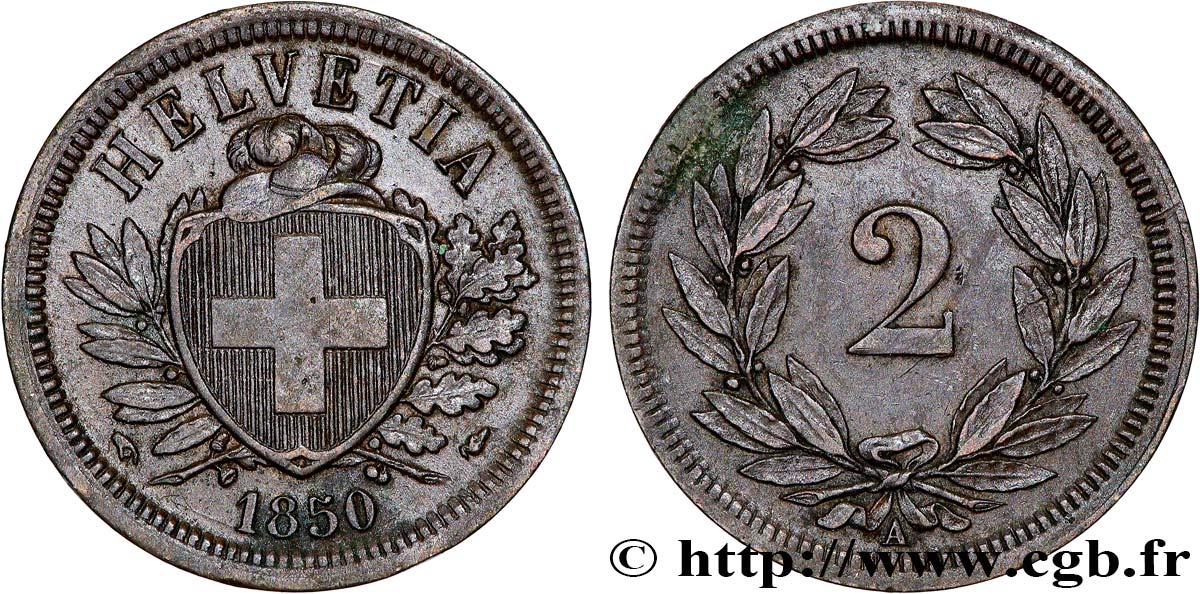 SVIZZERA 2 Centimes (Rappen) croix suisse 1850 Paris SPL