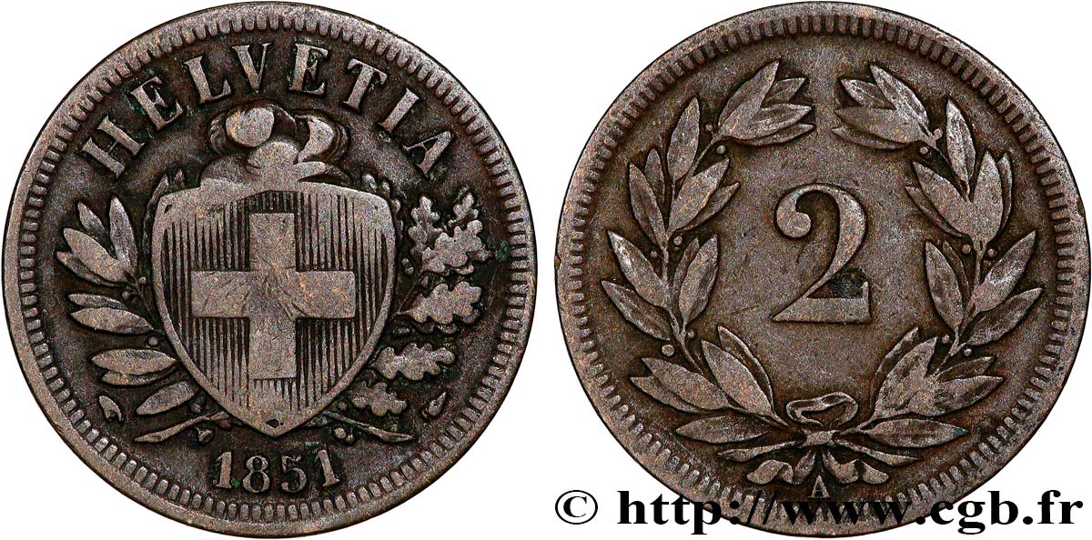 SUISSE 2 Centimes (Rappen) croix suisse 1851 Paris TB+