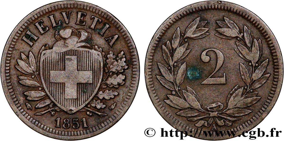 SUISSE 2 Centimes (Rappen) croix suisse 1851 Paris TTB