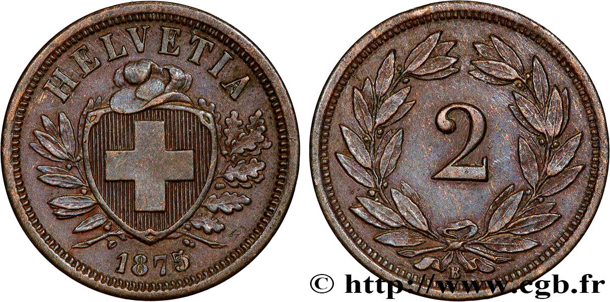 SVIZZERA 2 Centimes (Rappen) croix suisse 1875 Berne - B q.SPL