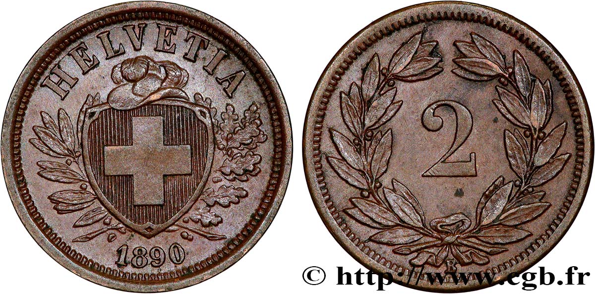 SVIZZERA 2 Centimes (Rappen) croix suisse 1890 Berne - B SPL