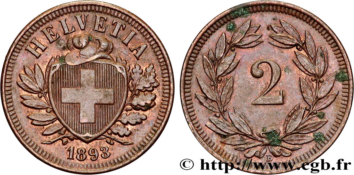 SWITZERLAND 2 Centimes 1893 Berne  AU 