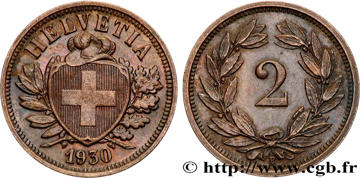 SCHWEIZ 2 Centimes (Rappen) croix suisse 1930 Berne - B VZ 