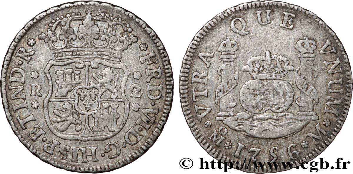 AMÉRIQUE ESPAGNOLE - MEXIQUE - FERDINAND VI 2 Reales  1756 Mexico XF 