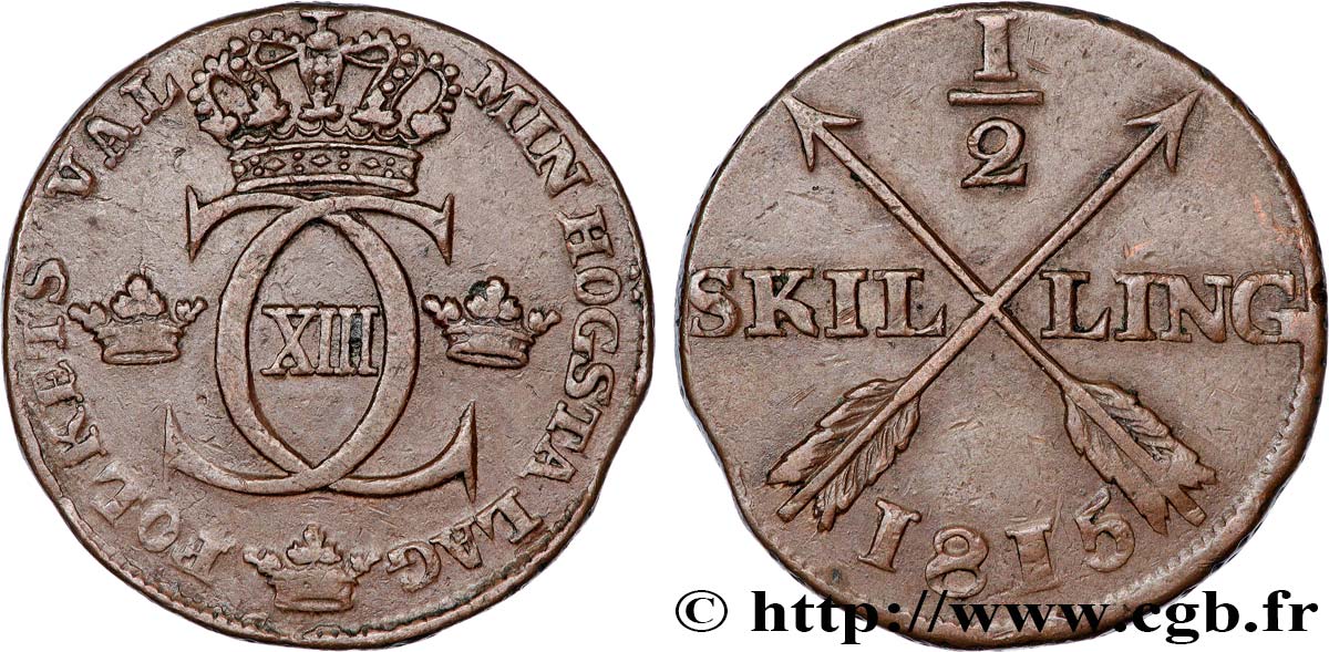 SWEDEN 1/2 Skilling Charles XIII 1815  XF 