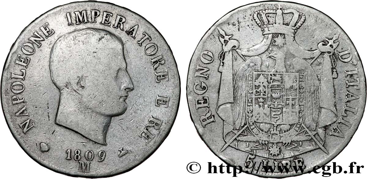 ITALIA - REINO DE ITALIA - NAPOLEóNE I 5 Lire 1809 Milan BC 