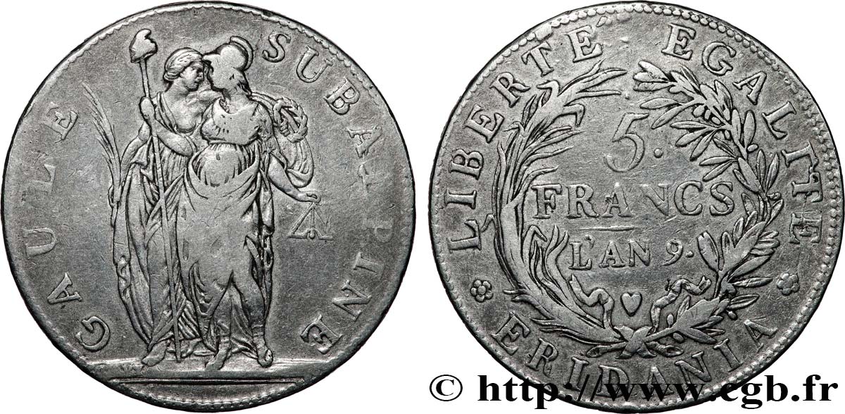 ITALIE - GAULE SUBALPINE 5 Francs an 9 1801 Turin TB