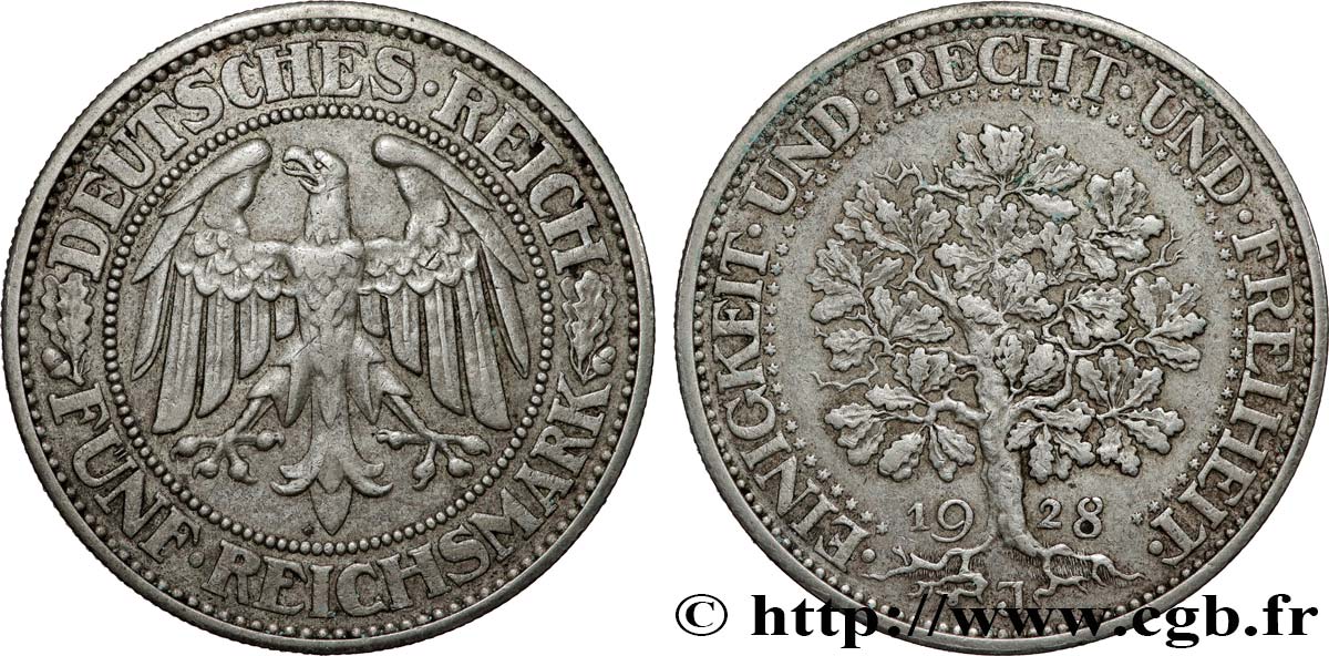 GERMANY 5 Reichsmark 1928 Hambourg XF 