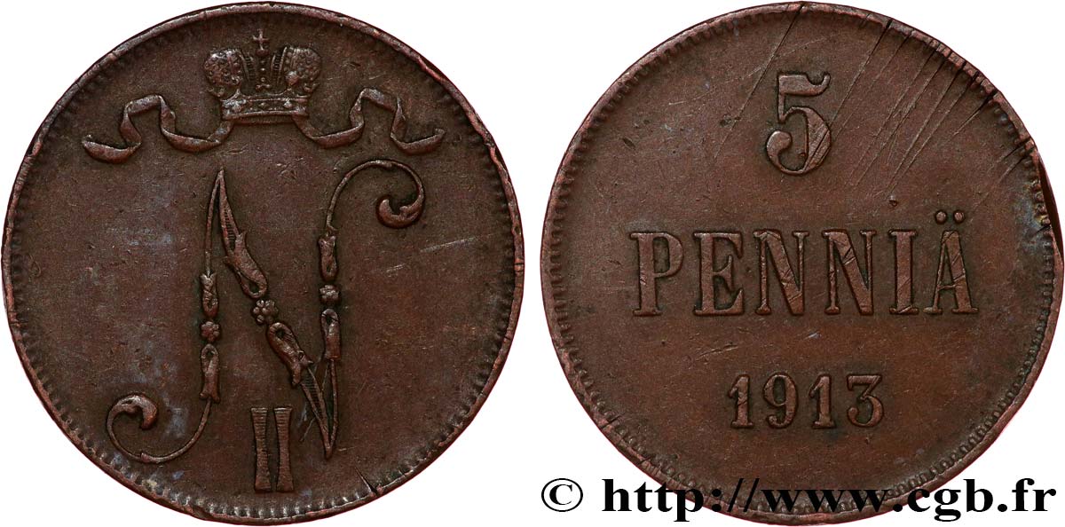 FINLANDE 5 Pennia monogramme Tsar Nicolas II 1913 TTB