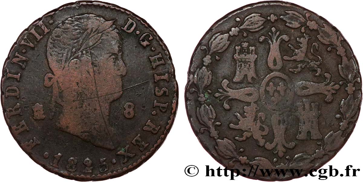 ESPAGNE 8 Maravedis Ferdinand VII 1820 Ségovie TB