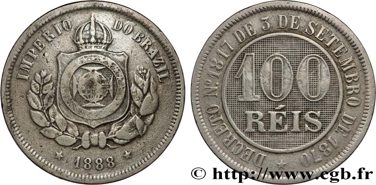 BRÉSIL - EMPIRE DU BRÉSIL - PIERRE II 100 Reis 1888 Rio de Janeiro TTB