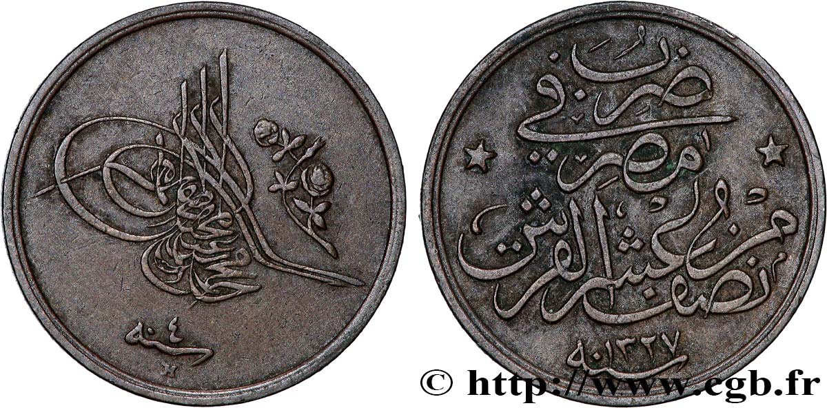 EGYPT 1/20 Qirsh Muhammad V Ah1327 an 4 (1912) Heaton XF 