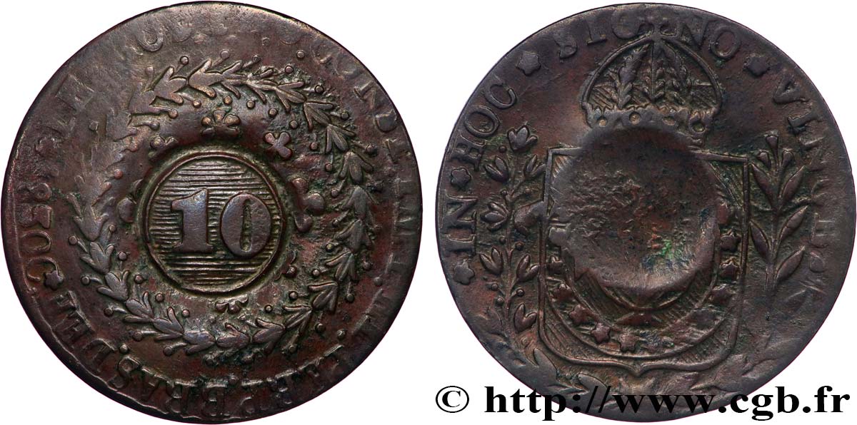 BRÉSIL - EMPIRE DU BRÉSIL - PIERRE II 10 Réis contremarqué sur une 20 Réis de 1830 (1835) q.BB