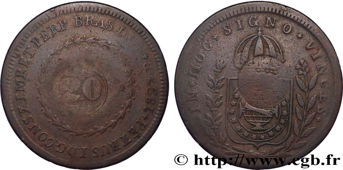 BRÉSIL - EMPIRE DU BRÉSIL - PIERRE II 20 Réis contremarqué sur une 40 Réis de 1827 (1835) Rio de Janeiro TB+