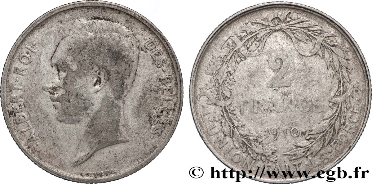 BELGIQUE 2 Francs Albert Ier légende française 1910 TB