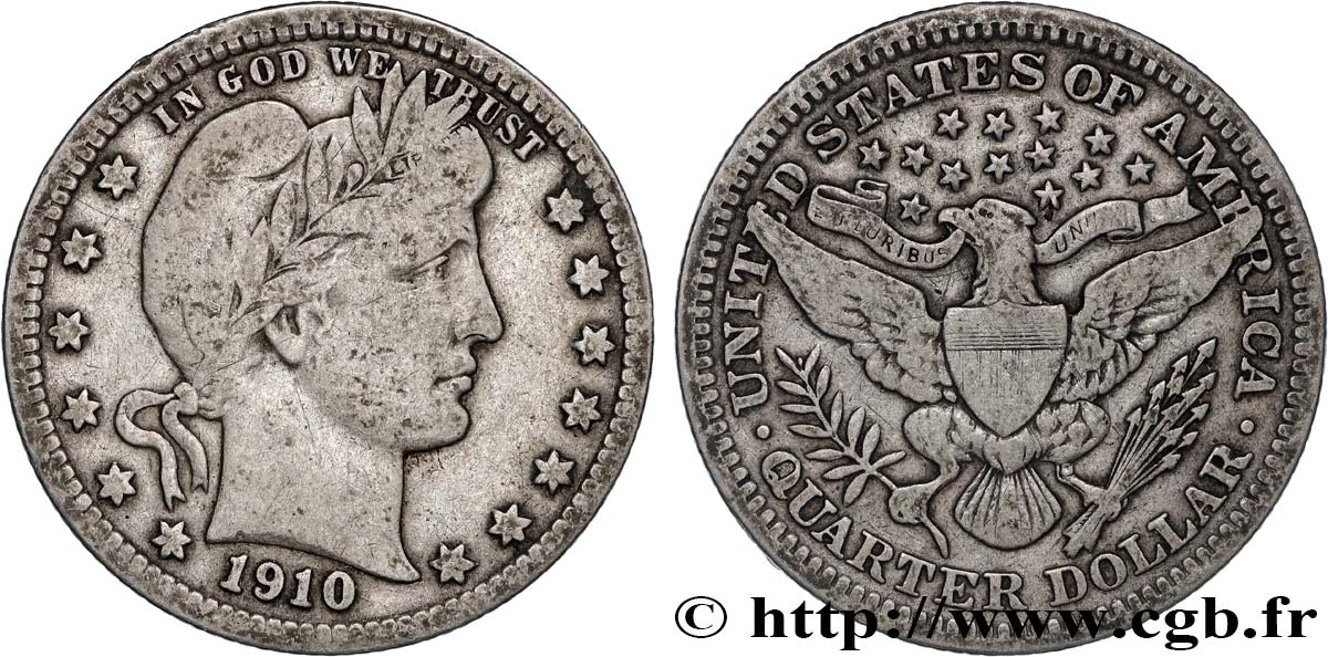 ÉTATS-UNIS D AMÉRIQUE 1/4 Dollar Barber 1910 Philadelphie TB