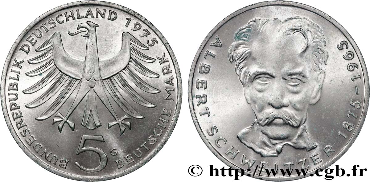 DEUTSCHLAND 5 Mark Proof Albert Schweitzer 1975 Karlsruhe fST