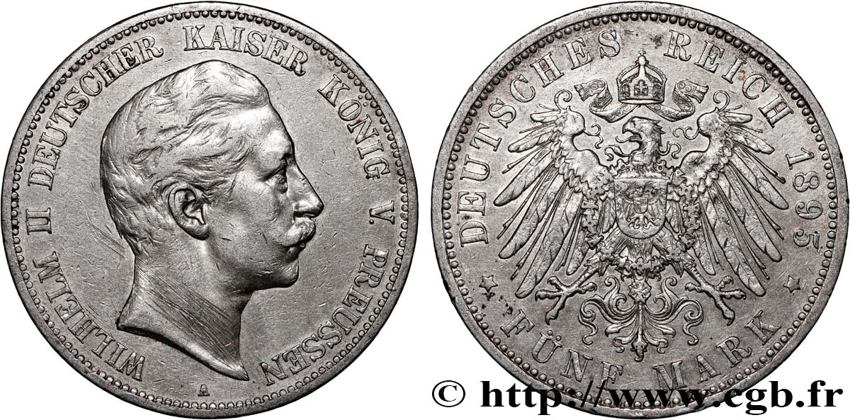 ALLEMAGNE - PRUSSE 5 Mark Guillaume II 1895 Berlin TTB 