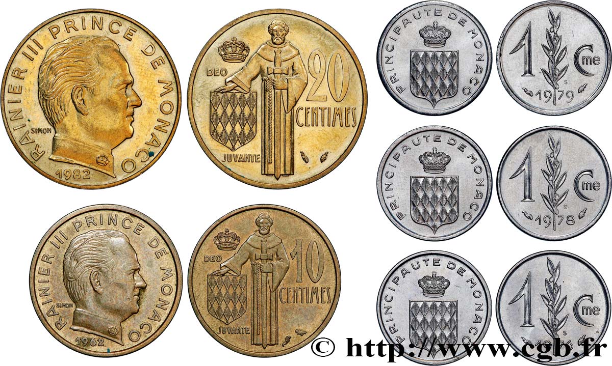 MONACO Lot de cinq monnaies centimes de Rainier III n.d. Paris AU 