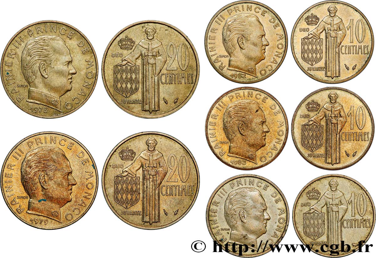 MONACO Lot de cinq monnaies centimes de Rainier III n.d. Paris TTB+ 
