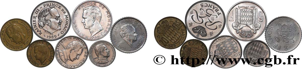 MONACO Lot de sept monnaies de Rainier III n.d. Paris AU 