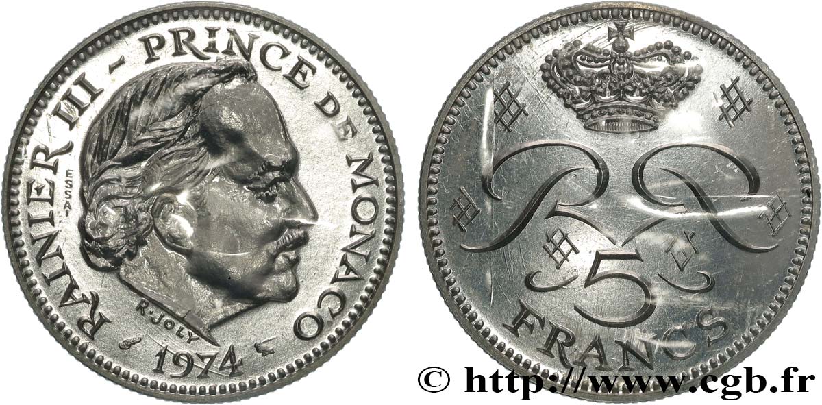 MONACO - PRINCIPATO DI MONACO - RANIERI III Essai de 5 Francs en argent  1974 Paris FDC 