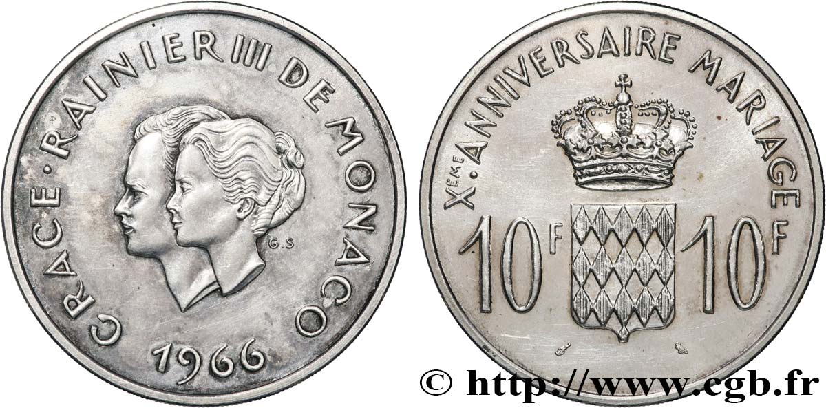 MONACO 10 Francs argent, dixième anniversaire du mariage 1966 Paris AU 