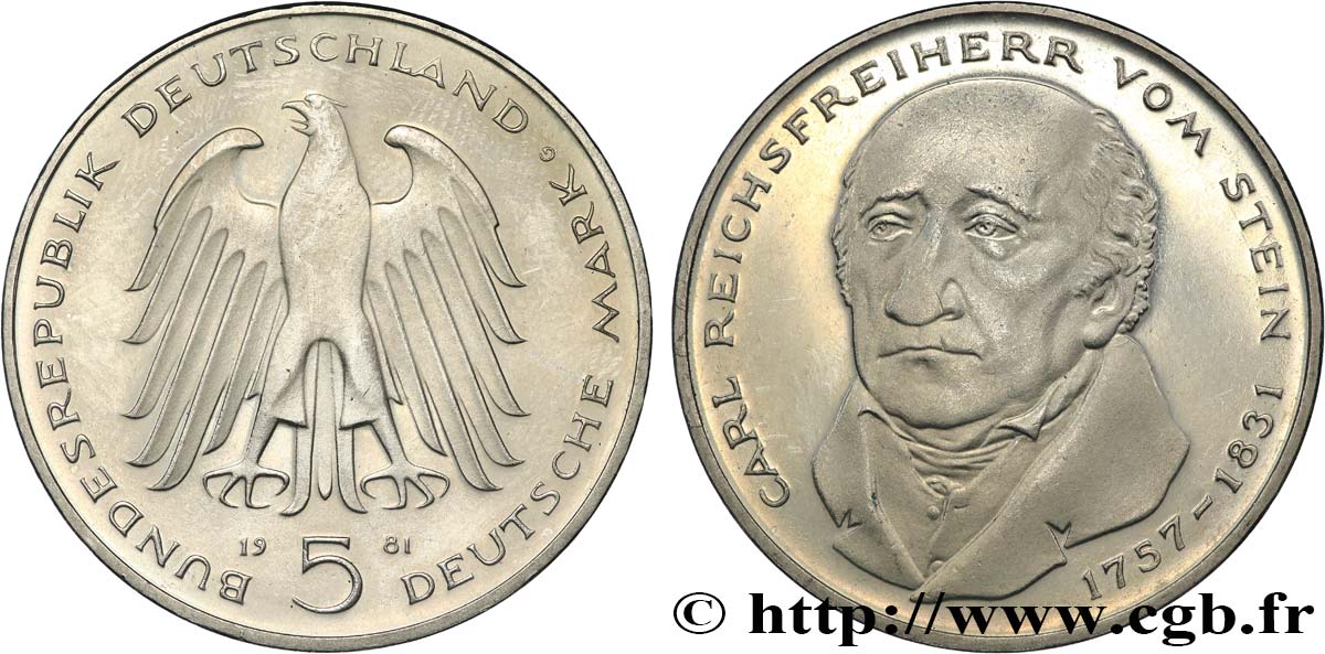 ALEMANIA 5 Mark Proof le baron Heinrich Friedrich Karl vom und zum Stein 1981 Karlsruhe SC