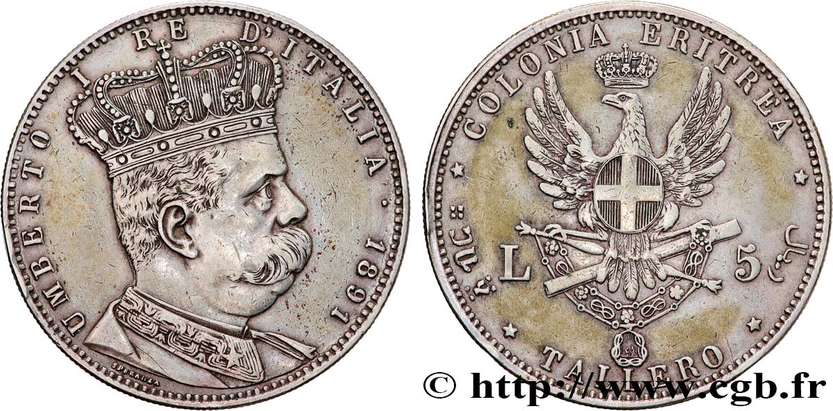 ERITREA - KINGDOM OF ITALY - UMBERTO I Tallero ou 5 Lire 1891 Rome XF 