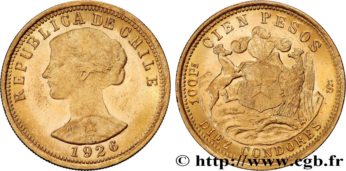 CHILE 100 Pesos or ou 10 Condores en or, 1er type 1926 Santiago AU 