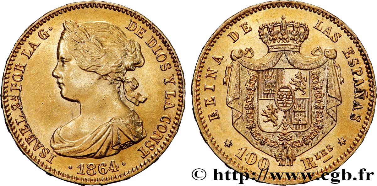 SPAIN - KINGDOM OF SPAIN - ISABELLA II 100 Reales 1864 Madrid AU 