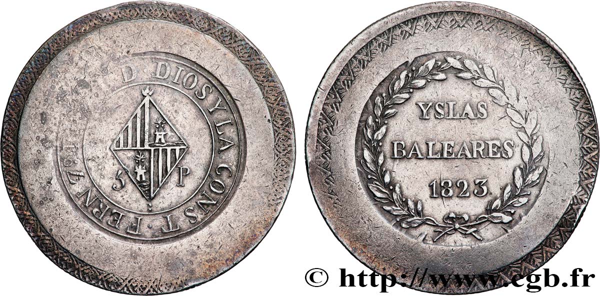 ESPAGNE - ÎLES BALEARES - FERDINAND VII Monnaie obsidionale de 5 Pesetas 1823 Majorque, Palma TTB 