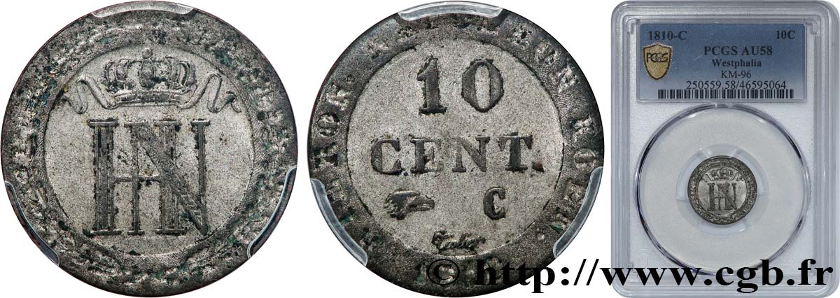 GERMANY - KINGDOM OF WESTPHALIA - JÉRÔME NAPOLÉON 10 Cent. monogramme de Jérôme Napoléon 1810 Cassel AU58 PCGS