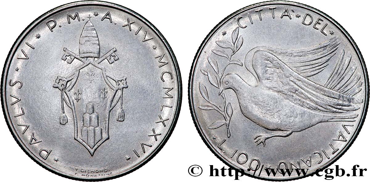 VATICAN AND PAPAL STATES 100 Lire Paul VI an XIV 1976 Rome AU