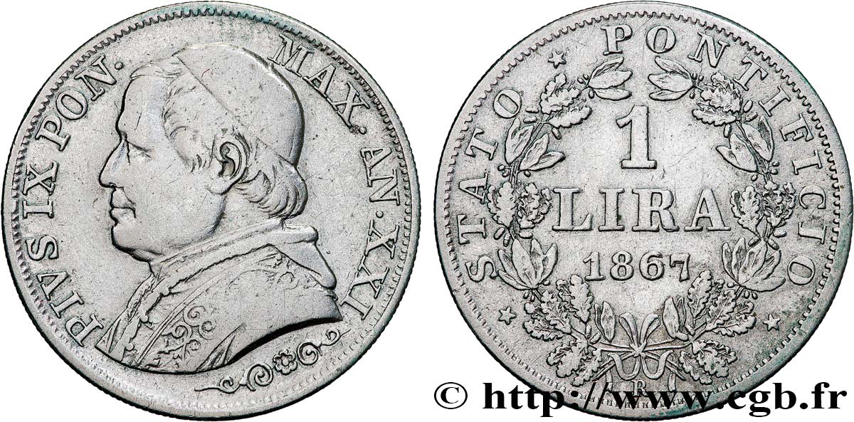 VATICAN AND PAPAL STATES 1 Lira Pie IX an XXI 1867 Rome VF 