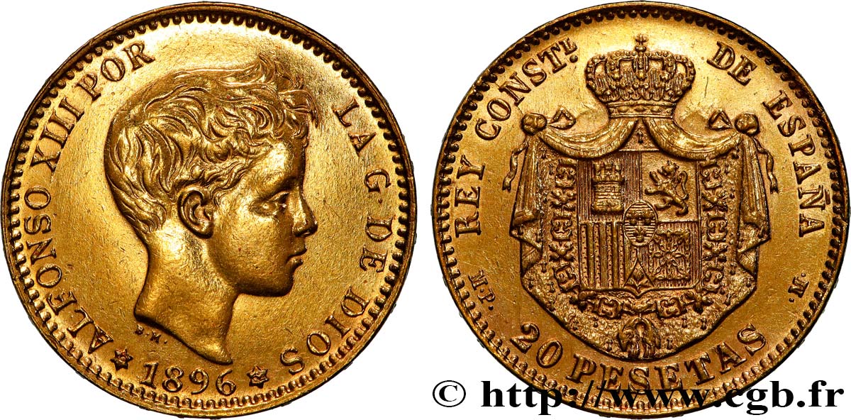 SPAIN 20 Pesetas Alphonse XIII (refrappe) M.P. - .M. 1896  AU 